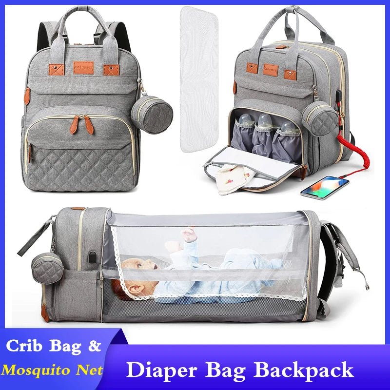 3 In 1 Diaper Bag Backpack Foldable Baby Bed Waterproof Travel Bag with USB Charge Diaper Bag Backpack - La Tienda Bella