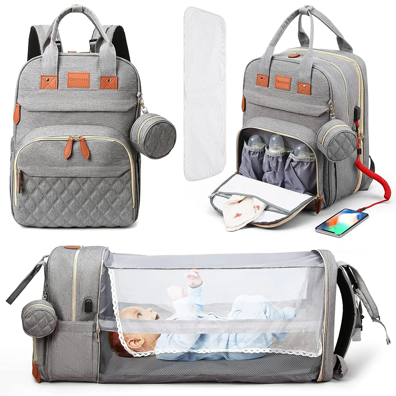 3 In 1 Diaper Bag Backpack Foldable Baby Bed Waterproof Travel Bag with USB Charge Diaper Bag Backpack - La Tienda Bella