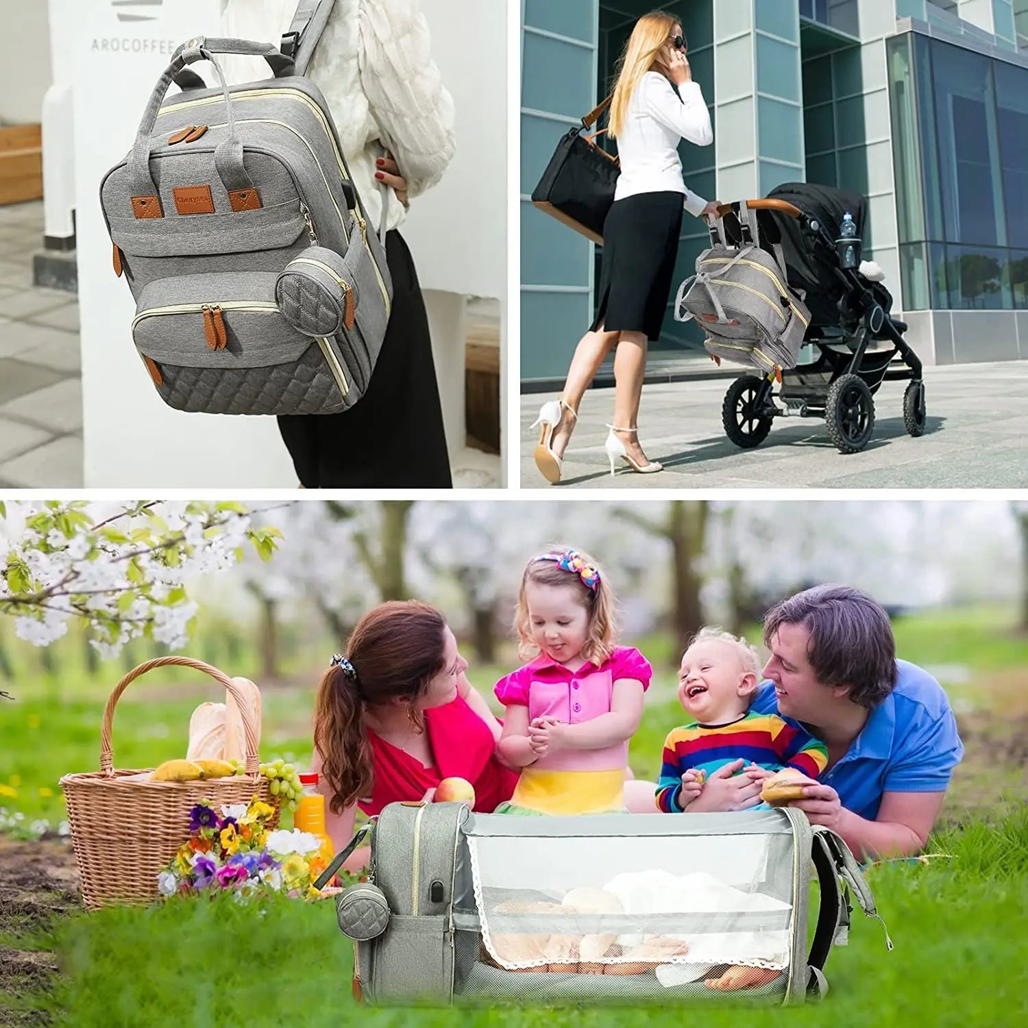 3 In 1 Diaper Bag Backpack Foldable Baby Bed Waterproof Travel Bag with USB Charge Diaper Bag Backpack - La Tienda Bella