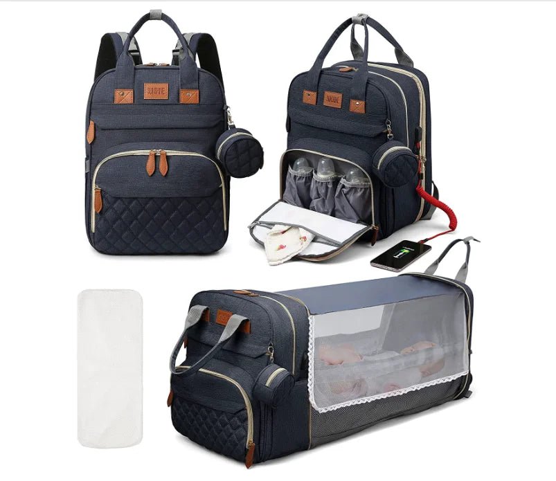 3 In 1 Diaper Bag Backpack Foldable Baby Bed Waterproof Travel Bag with USB Charge Diaper Bag Backpack - La Tienda Bella