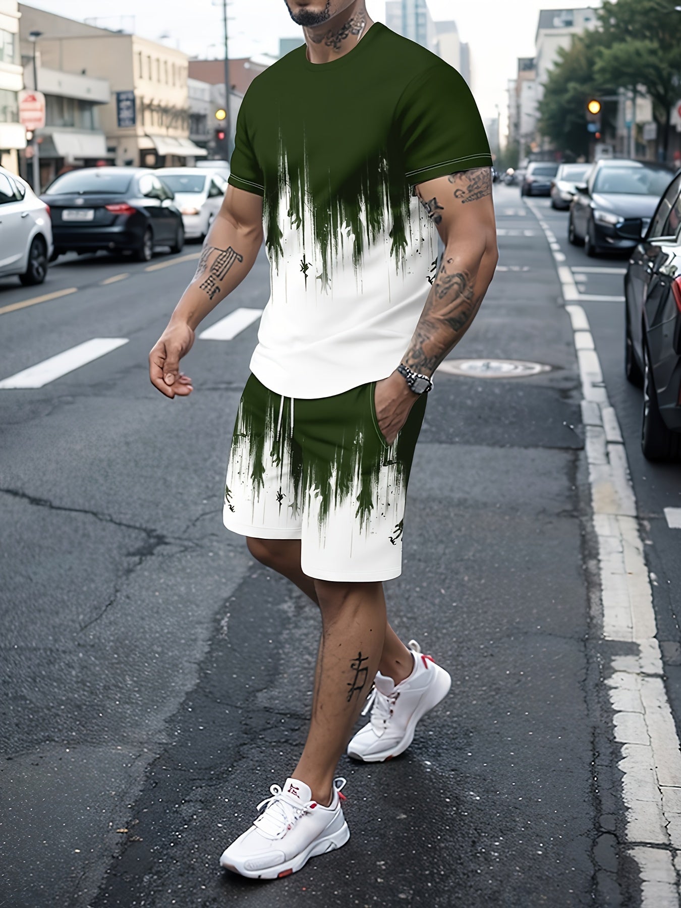 3D Pattern Print, 2Pcs Outfits For Men, Casual Crew Neck Short Sleeve T-shirt Tee And Drawstring Shorts Set For Summer, Men's Clothing Loungewear Vacation Workout - La Tienda Bella