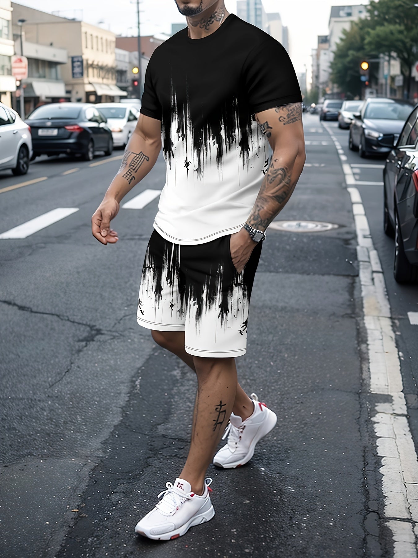 3D Pattern Print, 2Pcs Outfits For Men, Casual Crew Neck Short Sleeve T-shirt Tee And Drawstring Shorts Set For Summer, Men's Clothing Loungewear Vacation Workout - La Tienda Bella