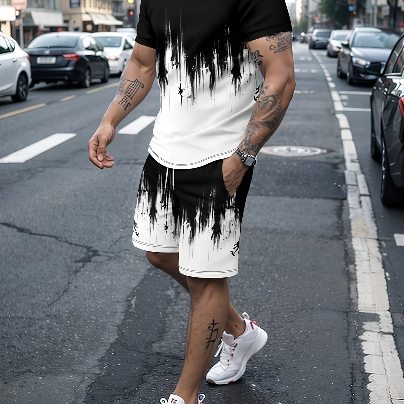 3D Pattern Print, 2Pcs Outfits For Men, Casual Crew Neck Short Sleeve T-shirt Tee And Drawstring Shorts Set For Summer, Men's Clothing Loungewear Vacation Workout - La Tienda Bella