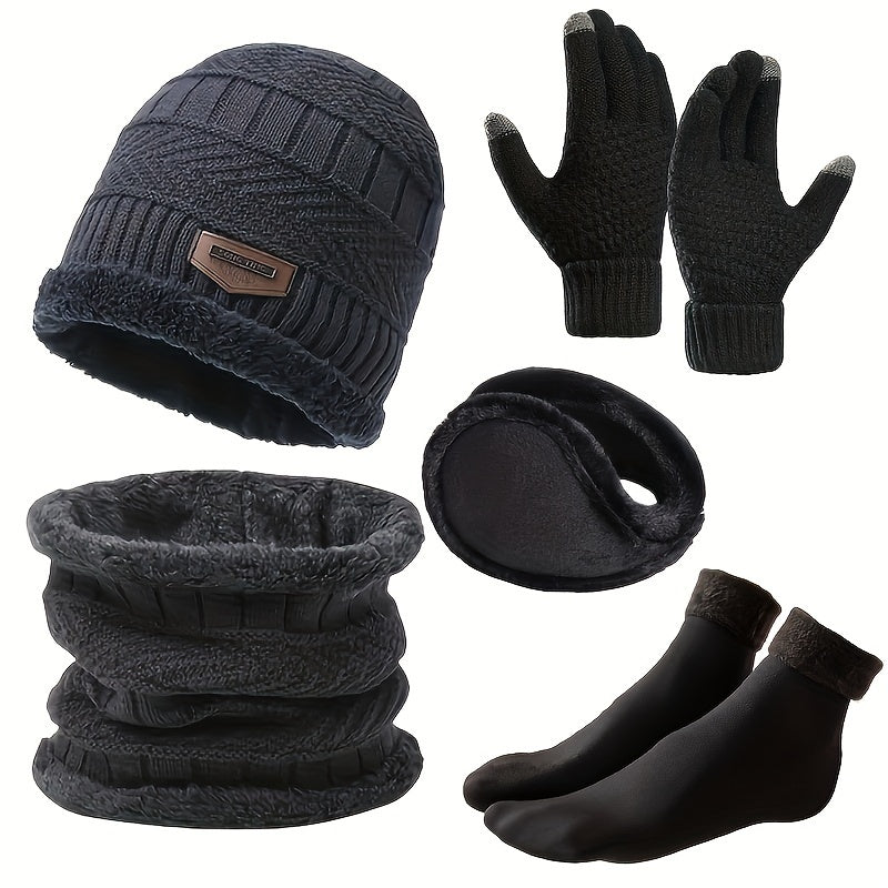 5 - Piece Winter Warmth Set – Knit Beanie, Thermal Gloves, Faux Fur Earmuffs, Neck Scarf, Non - Slip Socks – Basic Polyester Cold Weather Essentials Kit for Men and Women - La Tienda Bella