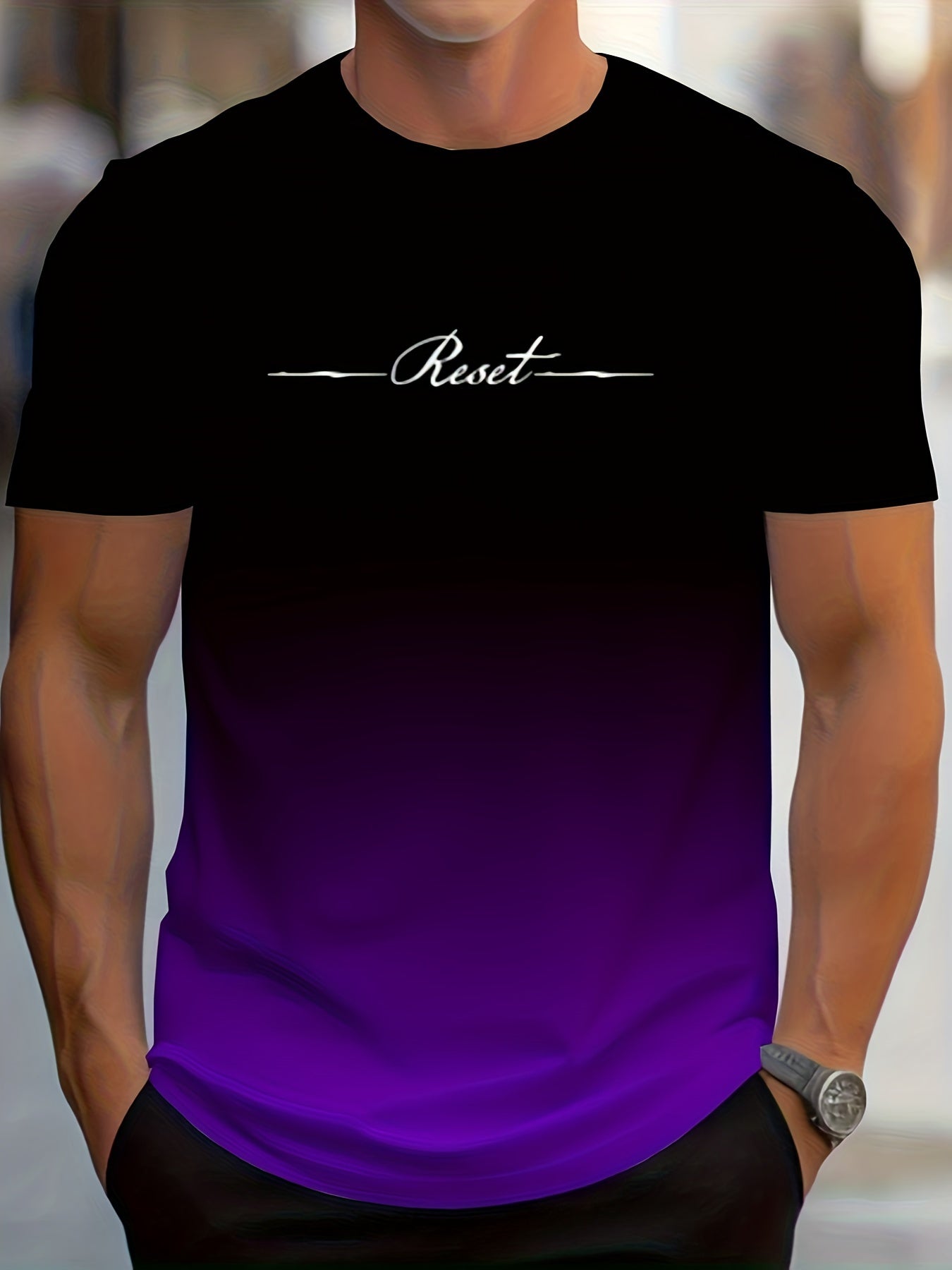 Alphabet Print Gradient Crew Neck Short Sleeve T-shirt For Men, Casual Summer T-Shirt For Daily Wear And Vacation Resorts - La Tienda Bella