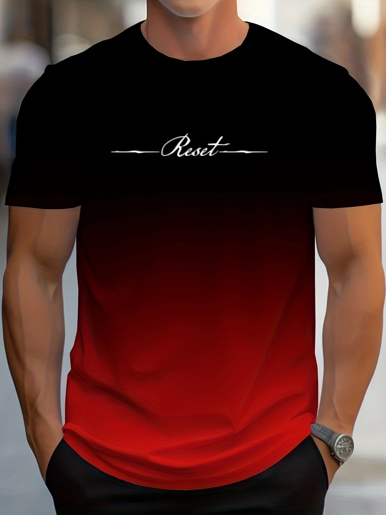 Alphabet Print Gradient Crew Neck Short Sleeve T-shirt For Men, Casual Summer T-Shirt For Daily Wear And Vacation Resorts - La Tienda Bella