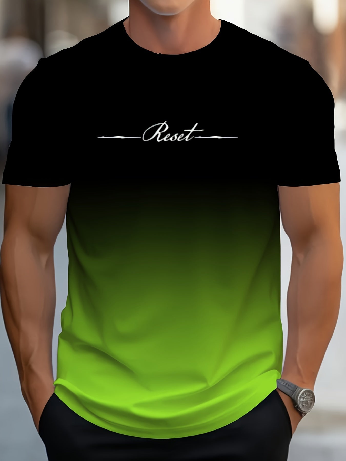 Alphabet Print Gradient Crew Neck Short Sleeve T-shirt For Men, Casual Summer T-Shirt For Daily Wear And Vacation Resorts - La Tienda Bella