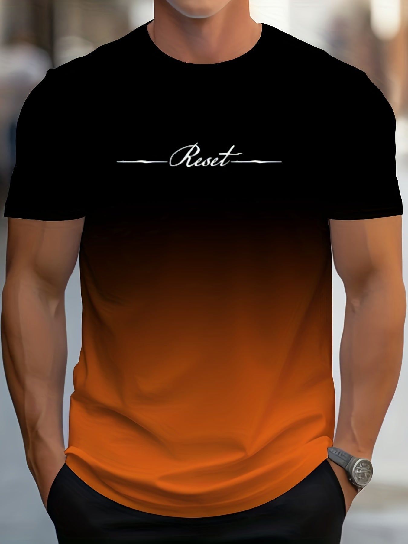 Alphabet Print Gradient Crew Neck Short Sleeve T-shirt For Men, Casual Summer T-Shirt For Daily Wear And Vacation Resorts - La Tienda Bella