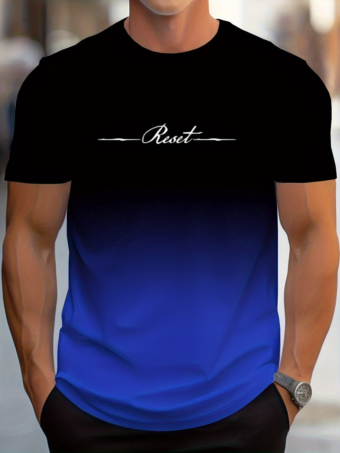 Alphabet Print Gradient Crew Neck Short Sleeve T-shirt For Men, Casual Summer T-Shirt For Daily Wear And Vacation Resorts - La Tienda Bella
