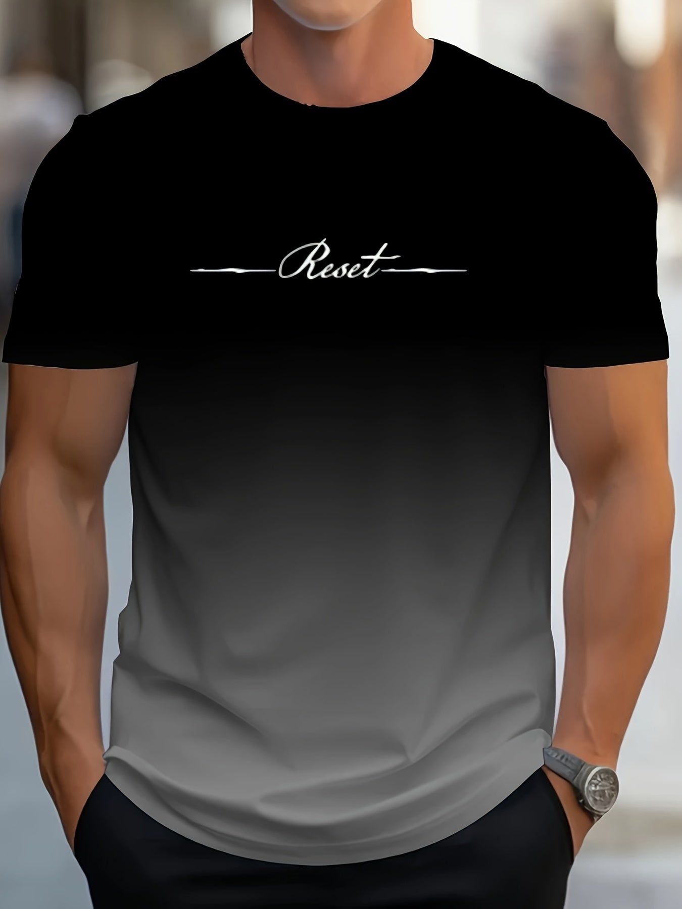 Alphabet Print Gradient Crew Neck Short Sleeve T-shirt For Men, Casual Summer T-Shirt For Daily Wear And Vacation Resorts - La Tienda Bella