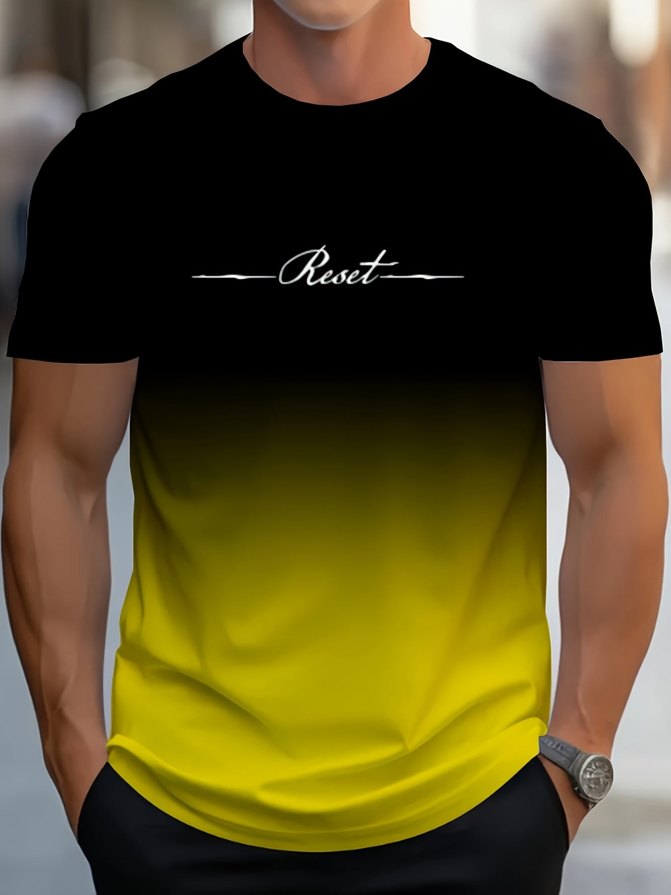 Alphabet Print Gradient Crew Neck Short Sleeve T-shirt For Men, Casual Summer T-Shirt For Daily Wear And Vacation Resorts - La Tienda Bella