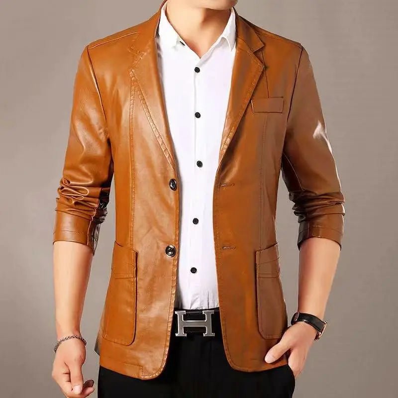 Autumn Winter Male Korean Fashion Casual PU Leather Jacket Hombre Thick Warm Add Velvet Buttos Coat Men All - match Outwear Top - La Tienda Bella