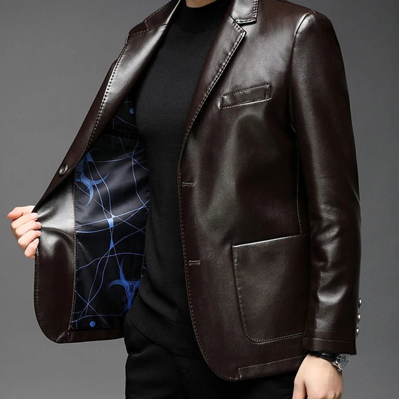 Autumn Winter Male Korean Fashion Casual PU Leather Jacket Hombre Thick Warm Add Velvet Buttos Coat Men All - match Outwear Top - La Tienda Bella