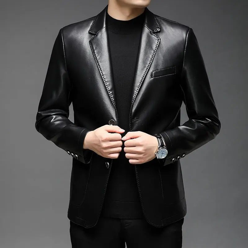 Autumn Winter Male Korean Fashion Casual PU Leather Jacket Hombre Thick Warm Add Velvet Buttos Coat Men All - match Outwear Top - La Tienda Bella