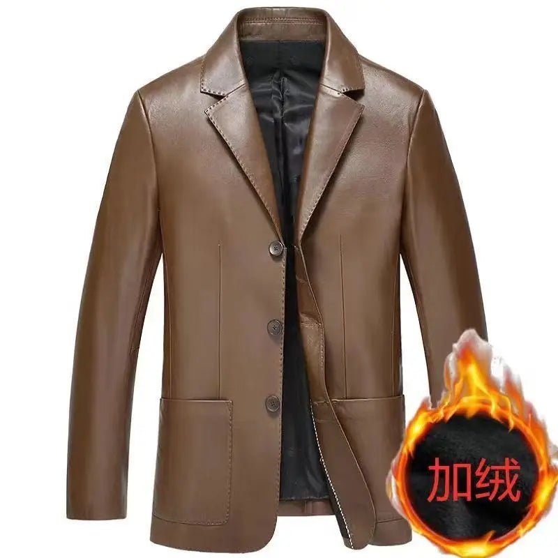Autumn Winter Male Korean Fashion Casual PU Leather Jacket Hombre Thick Warm Add Velvet Buttos Coat Men All - match Outwear Top - La Tienda Bella