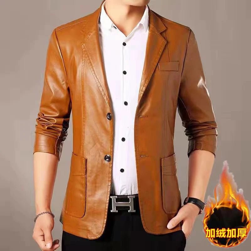 Autumn Winter Male Korean Fashion Casual PU Leather Jacket Hombre Thick Warm Add Velvet Buttos Coat Men All - match Outwear Top - La Tienda Bella