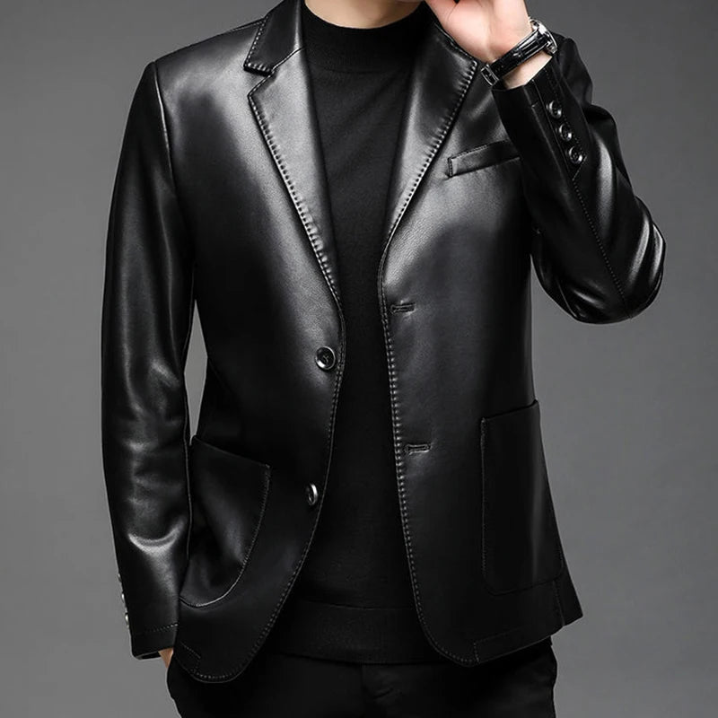 Autumn Winter Male Korean Fashion Casual PU Leather Jacket Hombre Thick Warm Add Velvet Buttos Coat Men All - match Outwear Top - La Tienda Bella
