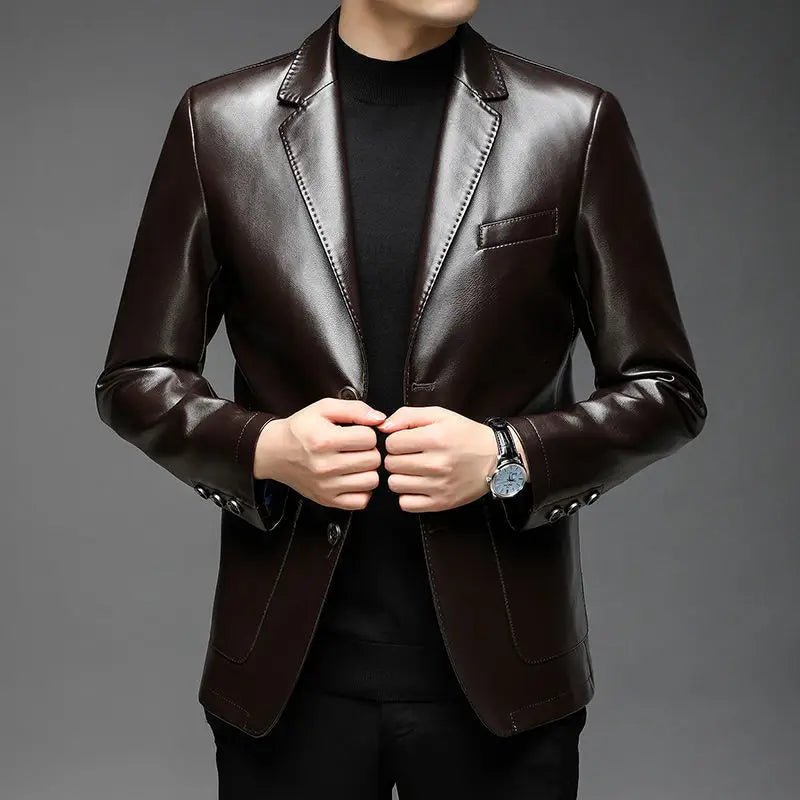 Autumn Winter Male Korean Fashion Casual PU Leather Jacket Hombre Thick Warm Add Velvet Buttos Coat Men All - match Outwear Top - La Tienda Bella