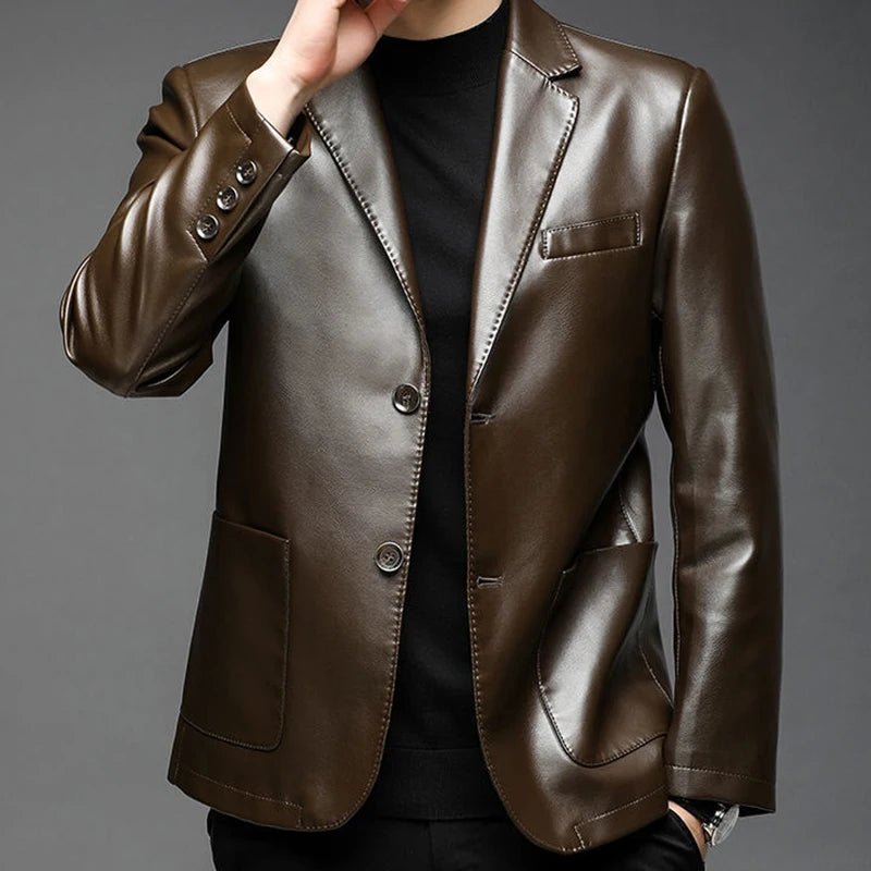 Autumn Winter Male Korean Fashion Casual PU Leather Jacket Hombre Thick Warm Add Velvet Buttos Coat Men All - match Outwear Top - La Tienda Bella