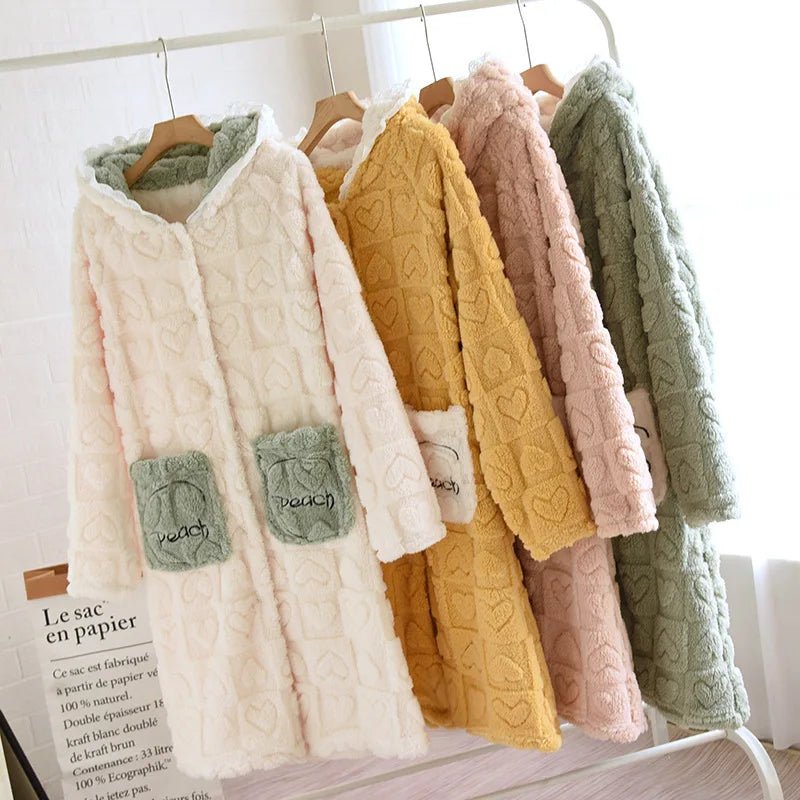 Cozy Hooded Robe Women's Flannel Pajamas - Autumn/Winter Sleepwear Mujer - La Tienda Bella