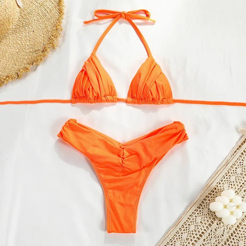 Bikini for Women Triangle Swimwear Bathing Suit Brazilian 2-Piece Folds Bikinis Set Solid Push - La Tienda Bella