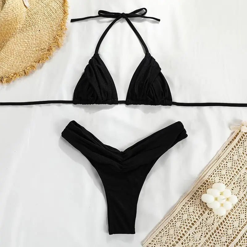 Bikini for Women Triangle Swimwear Bathing Suit Brazilian 2-Piece Folds Bikinis Set Solid Push - La Tienda Bella