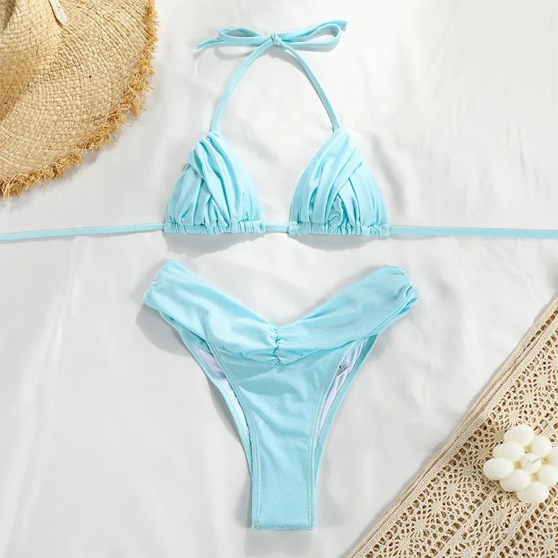 Bikini for Women Triangle Swimwear Bathing Suit Brazilian 2-Piece Folds Bikinis Set Solid Push - La Tienda Bella