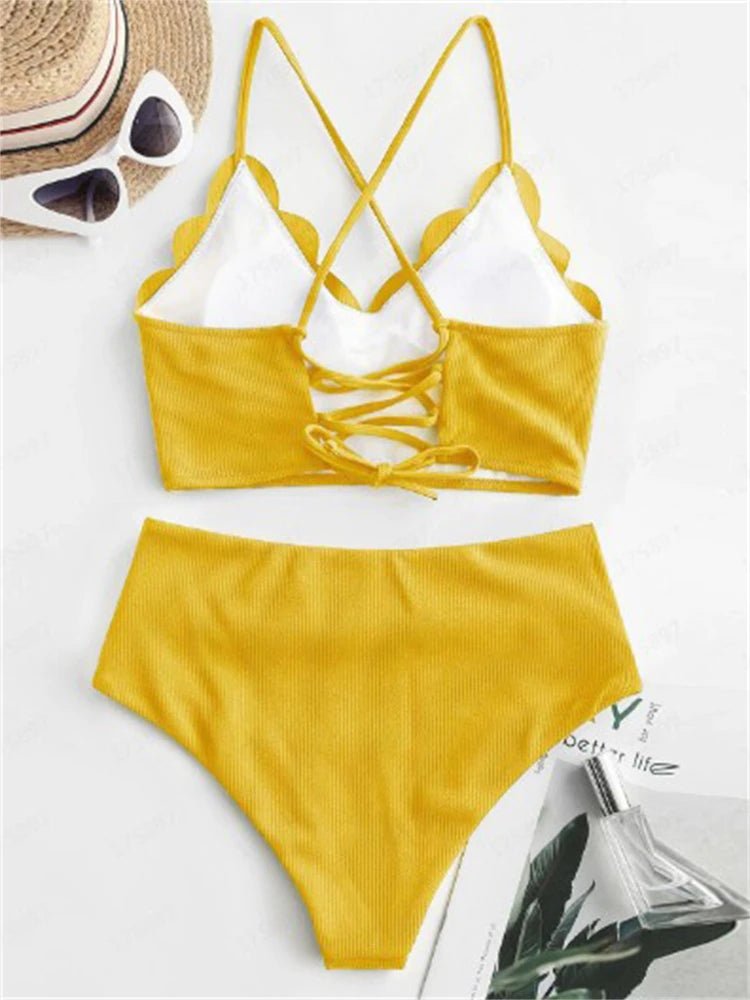 Bikini Women Swimsuit 2025 New Solid Ribbed Sling Bikinis Set Sexy High Waist Swimwear Summer - La Tienda Bella