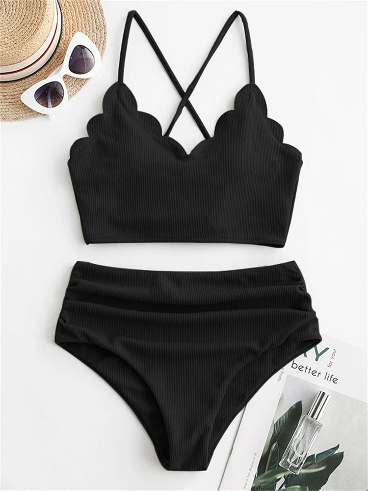 Bikini Women Swimsuit 2025 New Solid Ribbed Sling Bikinis Set Sexy High Waist Swimwear Summer - La Tienda Bella