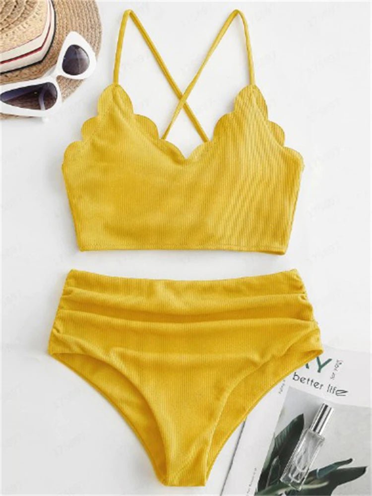 Bikini Women Swimsuit 2025 New Solid Ribbed Sling Bikinis Set Sexy High Waist Swimwear Summer - La Tienda Bella