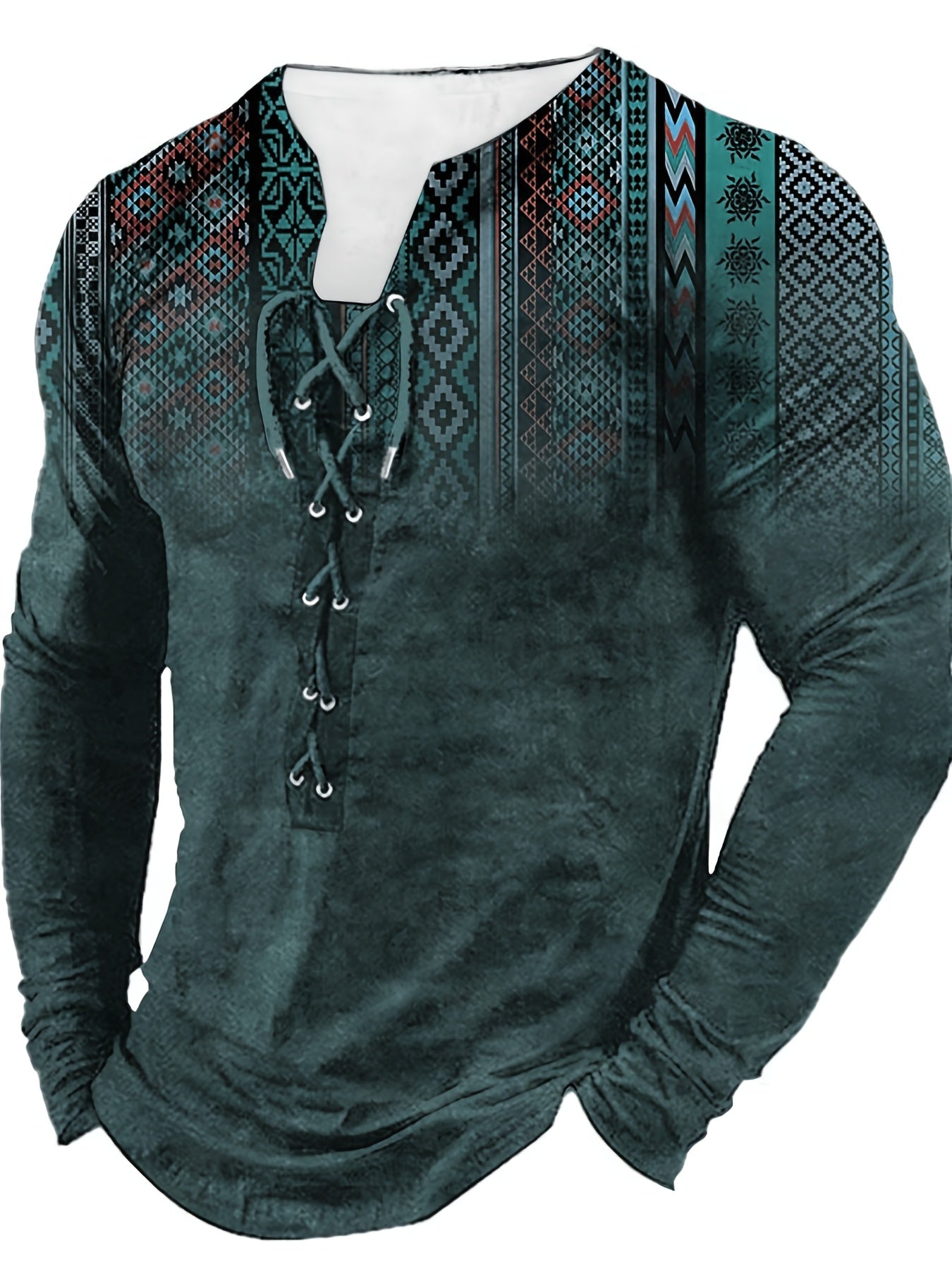 Bohemian Style Pattern Men's Vintage Long Sleeve Henley Tee, Spring Fall, Gift For Men - La Tienda Bella