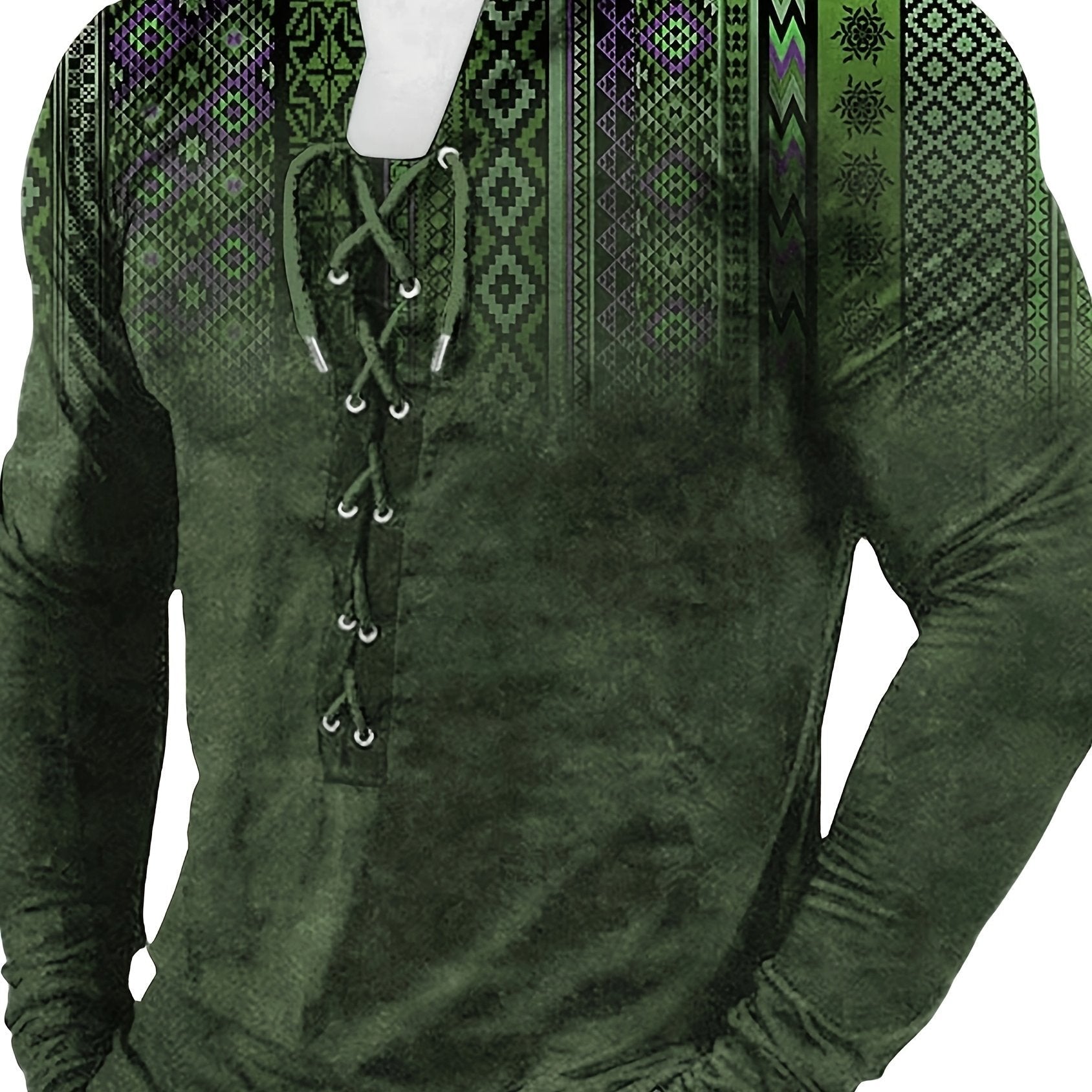 Bohemian Style Pattern Men's Vintage Long Sleeve Henley Tee, Spring Fall, Gift For Men - La Tienda Bella
