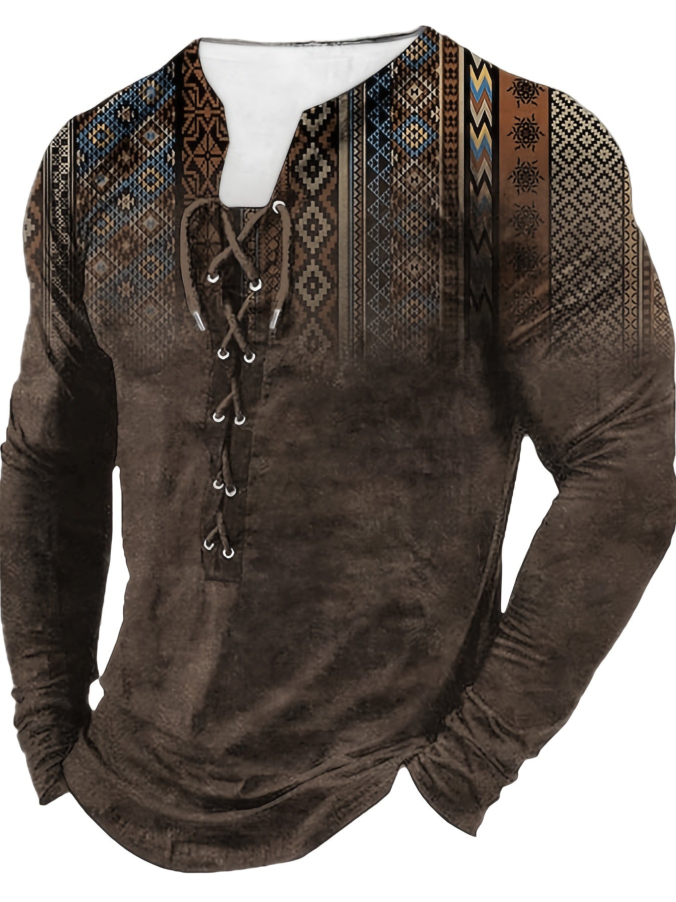 Bohemian Style Pattern Men's Vintage Long Sleeve Henley Tee, Spring Fall, Gift For Men - La Tienda Bella