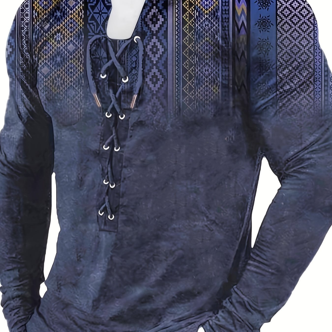 Bohemian Style Pattern Men's Vintage Long Sleeve Henley Tee, Spring Fall, Gift For Men - La Tienda Bella