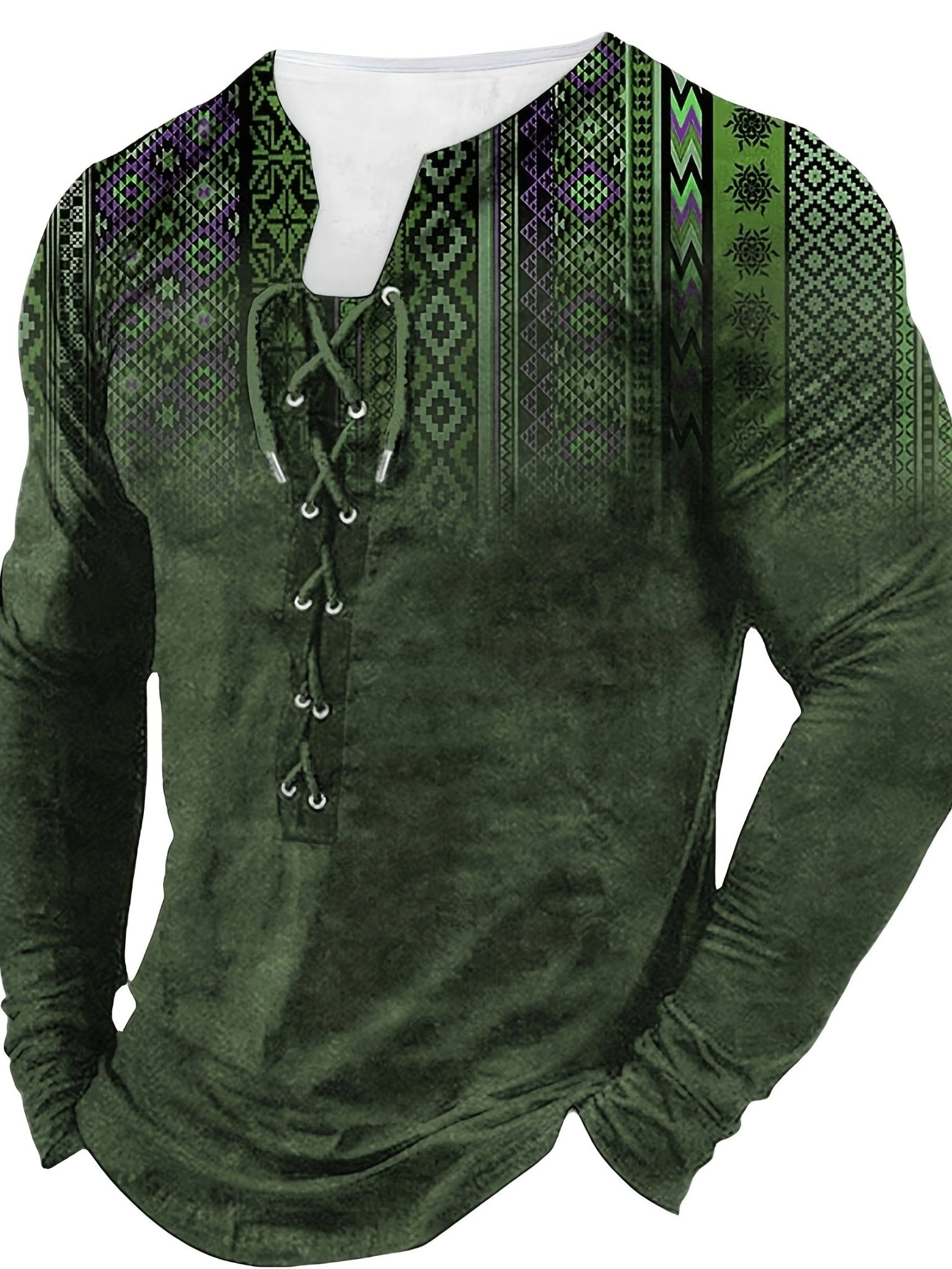 Bohemian Style Pattern Men's Vintage Long Sleeve Henley Tee, Spring Fall, Gift For Men - La Tienda Bella