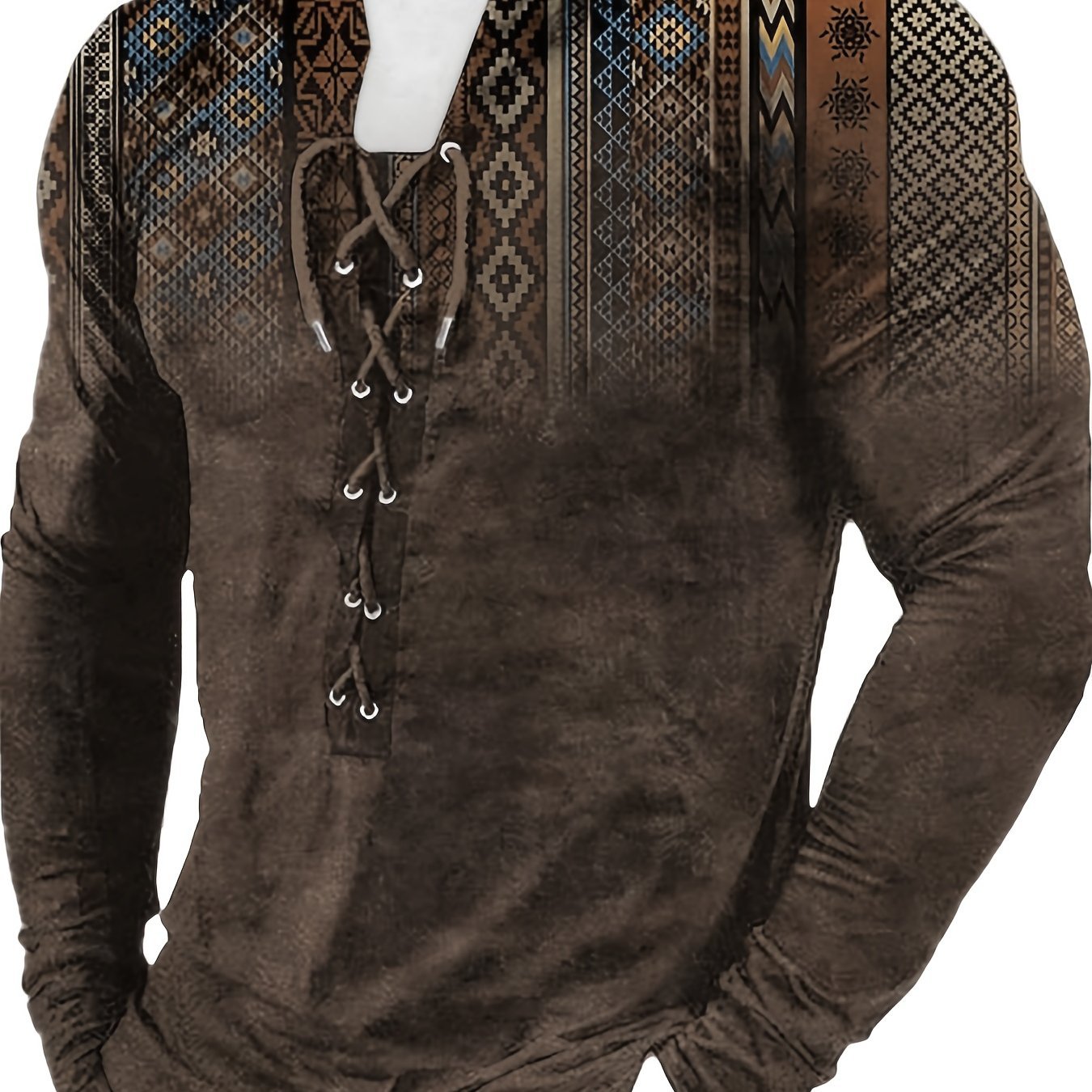 Bohemian Style Pattern Men's Vintage Long Sleeve Henley Tee, Spring Fall, Gift For Men - La Tienda Bella