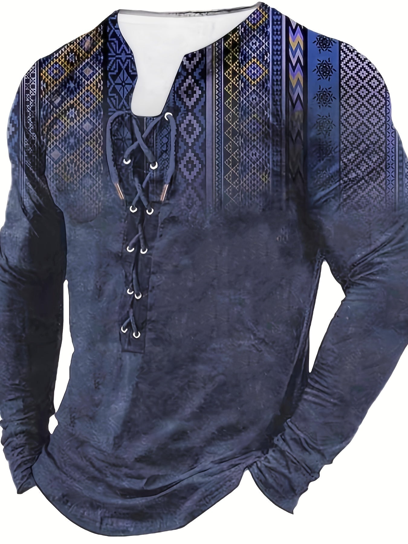 Bohemian Style Pattern Men's Vintage Long Sleeve Henley Tee, Spring Fall, Gift For Men - La Tienda Bella