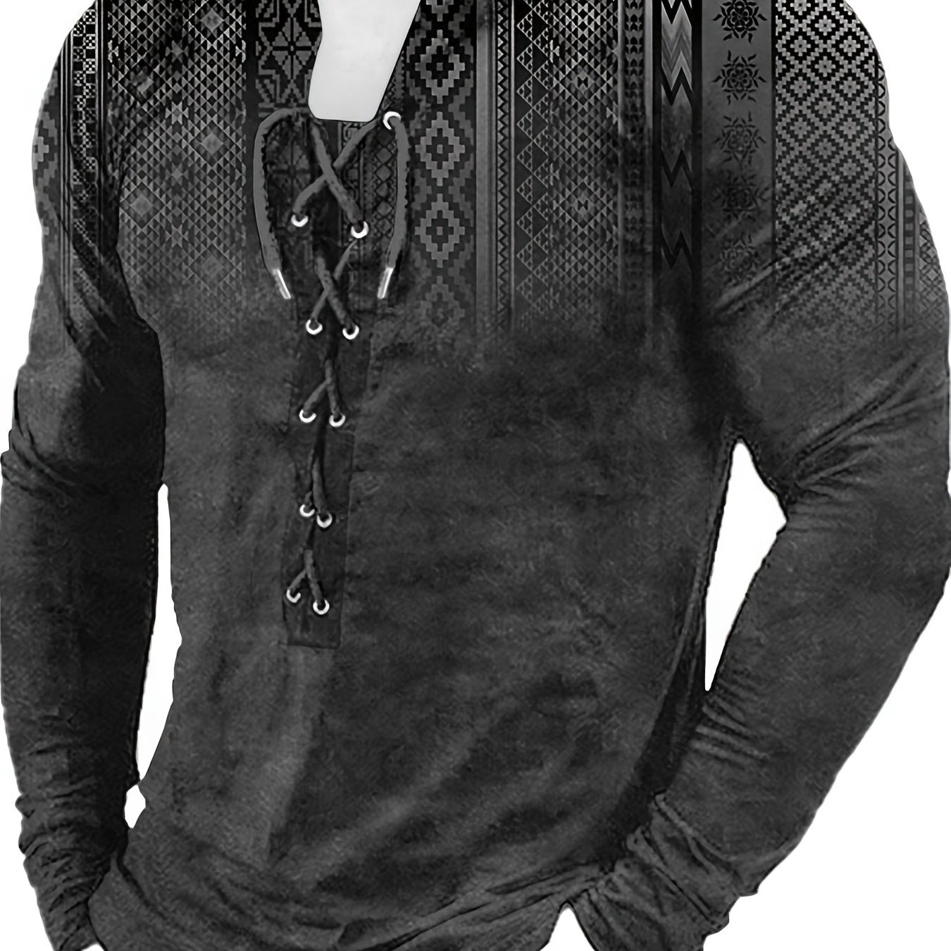 Bohemian Style Pattern Men's Vintage Long Sleeve Henley Tee, Spring Fall, Gift For Men - La Tienda Bella