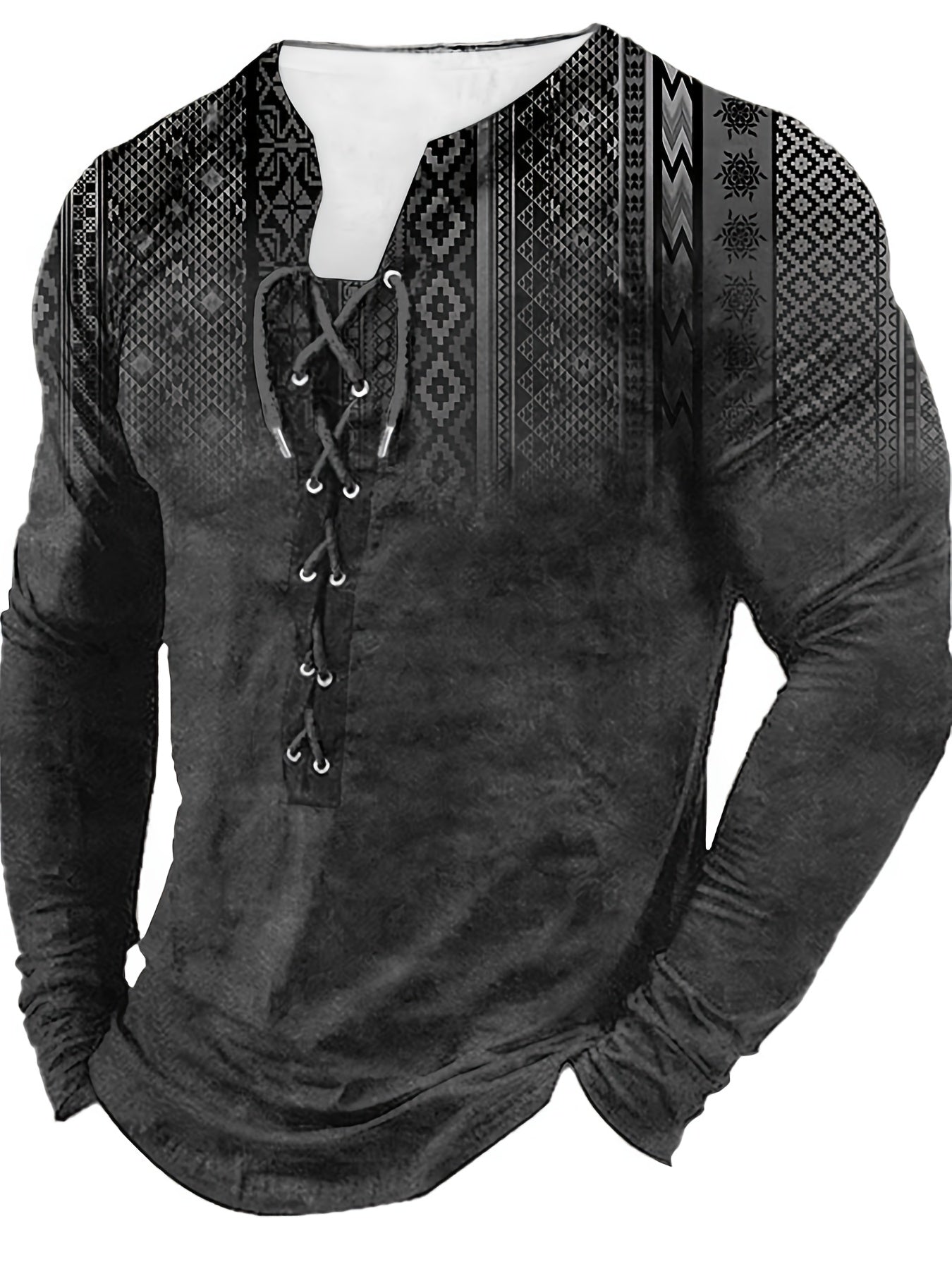 Bohemian Style Pattern Men's Vintage Long Sleeve Henley Tee, Spring Fall, Gift For Men - La Tienda Bella