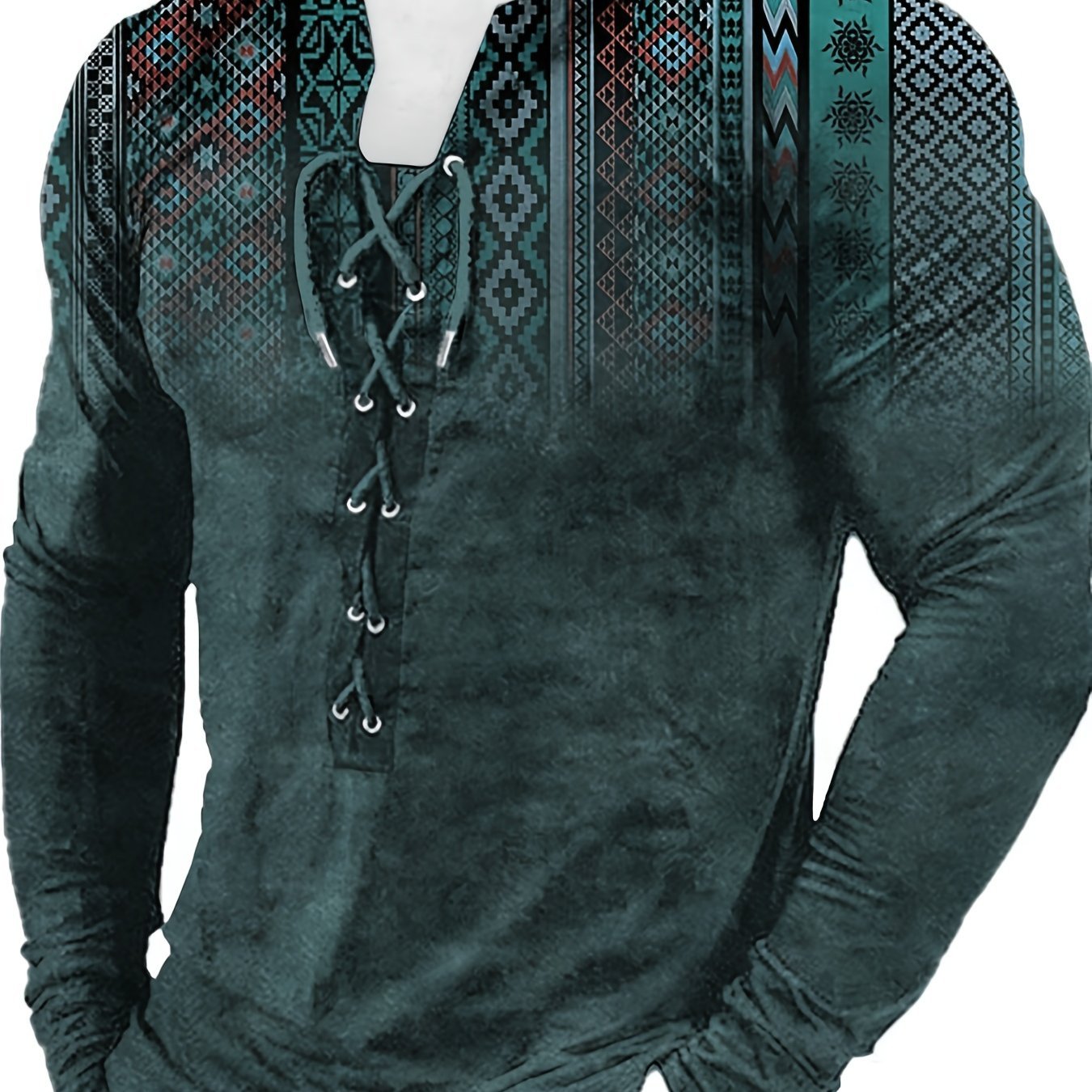 Bohemian Style Pattern Men's Vintage Long Sleeve Henley Tee, Spring Fall, Gift For Men - La Tienda Bella