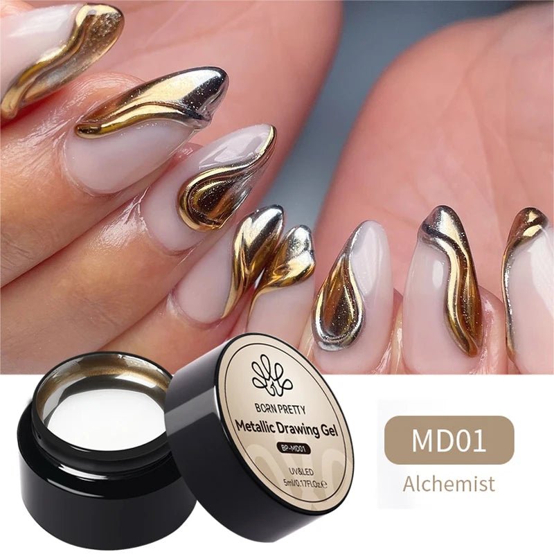 BORN PRETTY Metallic Painting Gel Gold Silver Mirror Effect Nail Polish Super Bright Drawing Line French Nail UV Painting Varnis - La Tienda Bella