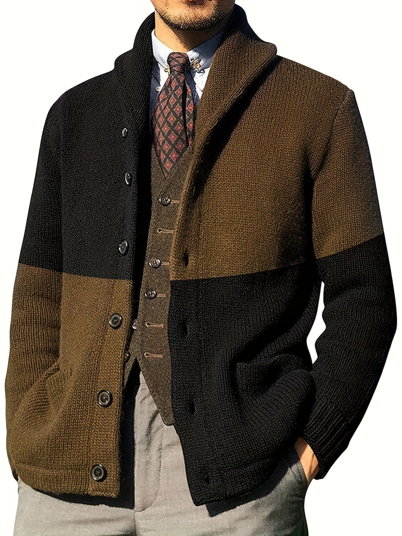 Casual Patchwork Knit Cardigan for Men - Acrylic Blend Long Sleeve Crew Neck Sweater with Button Details, Loose Fit, Medium Stretch Fabric for Spring, Fall, & Winter - Outdoor & Night Out Top - La Tienda Bella