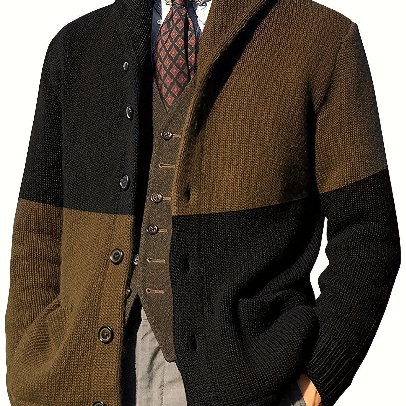 Casual Patchwork Knit Cardigan for Men - Acrylic Blend Long Sleeve Crew Neck Sweater with Button Details, Loose Fit, Medium Stretch Fabric for Spring, Fall, & Winter - Outdoor & Night Out Top - La Tienda Bella