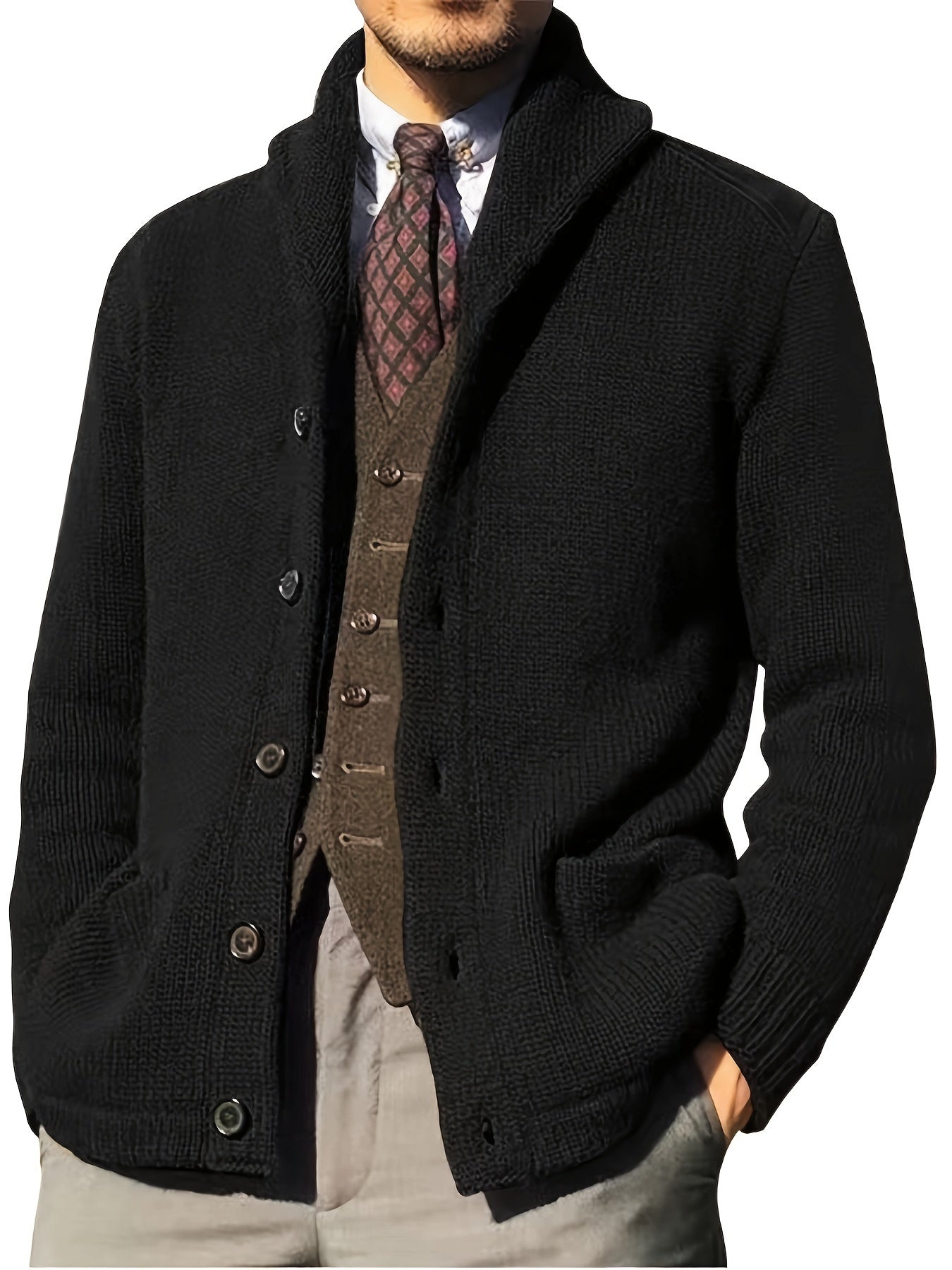 Casual Patchwork Knit Cardigan for Men - Acrylic Blend Long Sleeve Crew Neck Sweater with Button Details, Loose Fit, Medium Stretch Fabric for Spring, Fall, & Winter - Outdoor & Night Out Top - La Tienda Bella