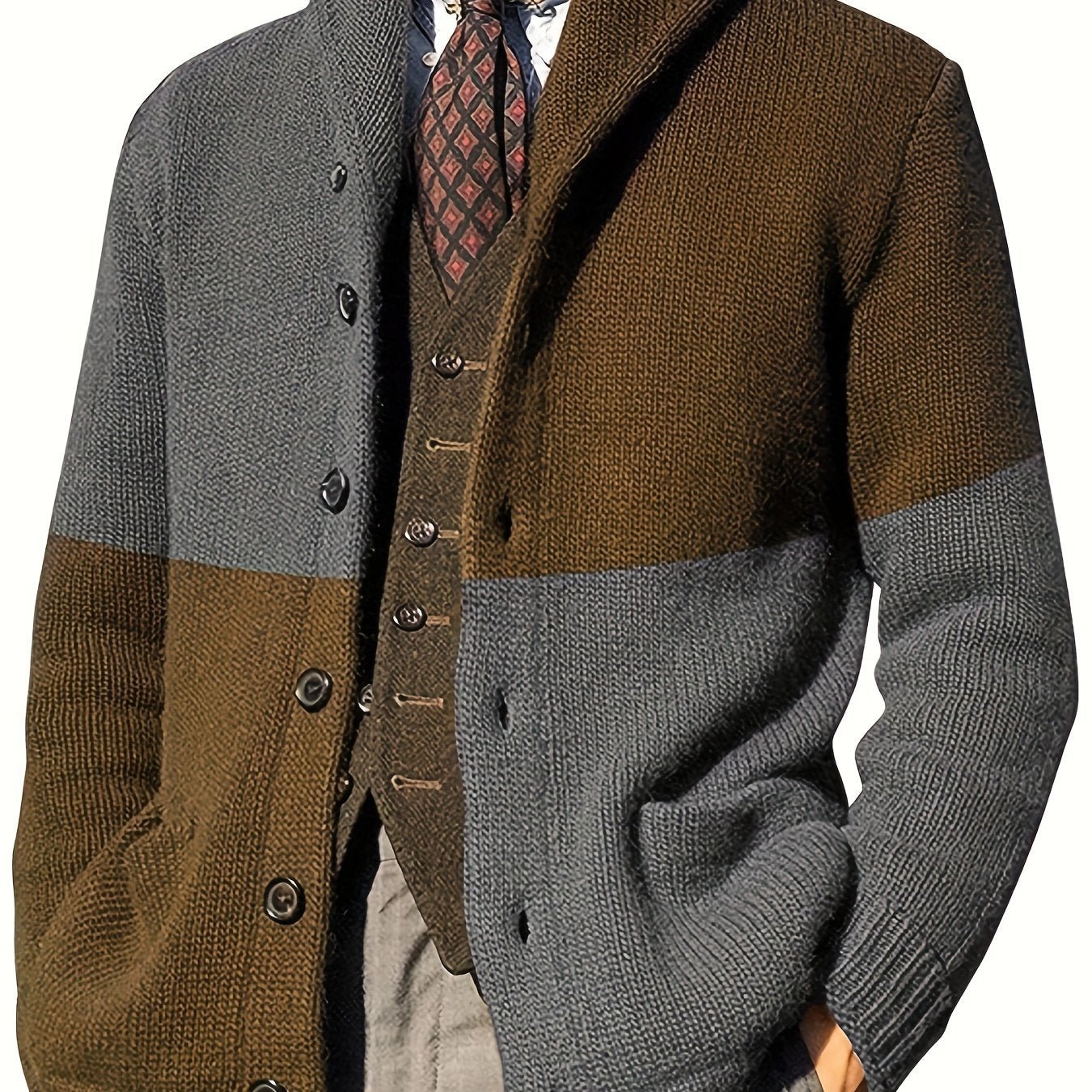 Casual Patchwork Knit Cardigan for Men - Acrylic Blend Long Sleeve Crew Neck Sweater with Button Details, Loose Fit, Medium Stretch Fabric for Spring, Fall, & Winter - Outdoor & Night Out Top - La Tienda Bella