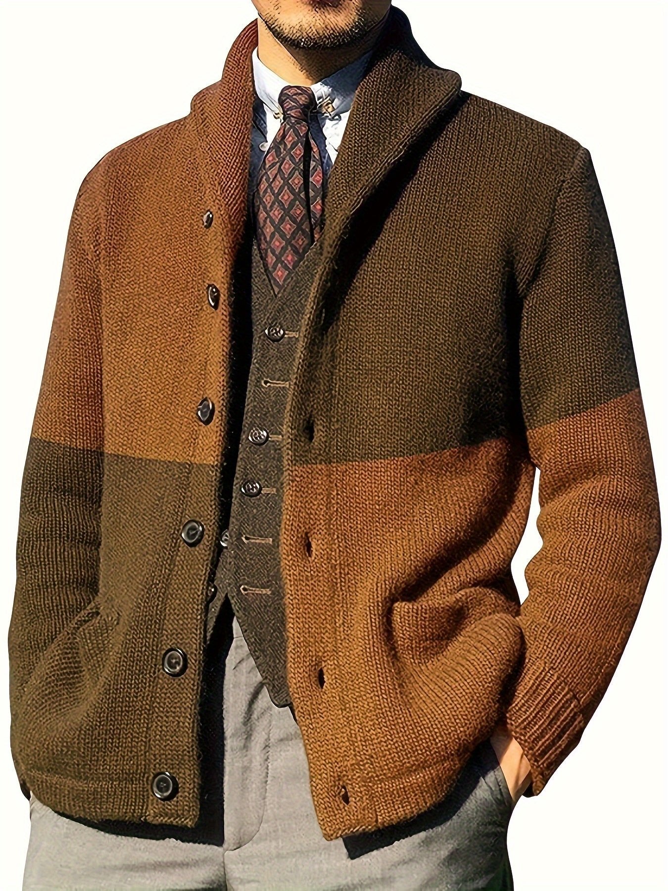 Casual Patchwork Knit Cardigan for Men - Acrylic Blend Long Sleeve Crew Neck Sweater with Button Details, Loose Fit, Medium Stretch Fabric for Spring, Fall, & Winter - Outdoor & Night Out Top - La Tienda Bella