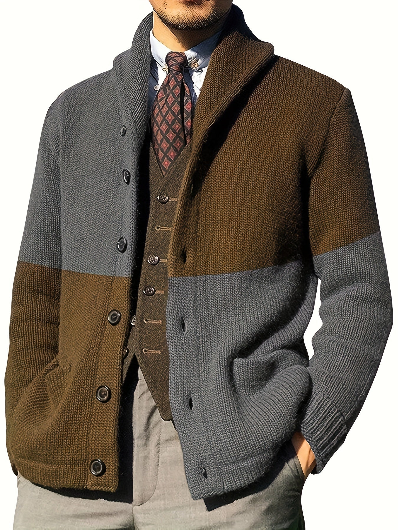 Casual Patchwork Knit Cardigan for Men - Acrylic Blend Long Sleeve Crew Neck Sweater with Button Details, Loose Fit, Medium Stretch Fabric for Spring, Fall, & Winter - Outdoor & Night Out Top - La Tienda Bella