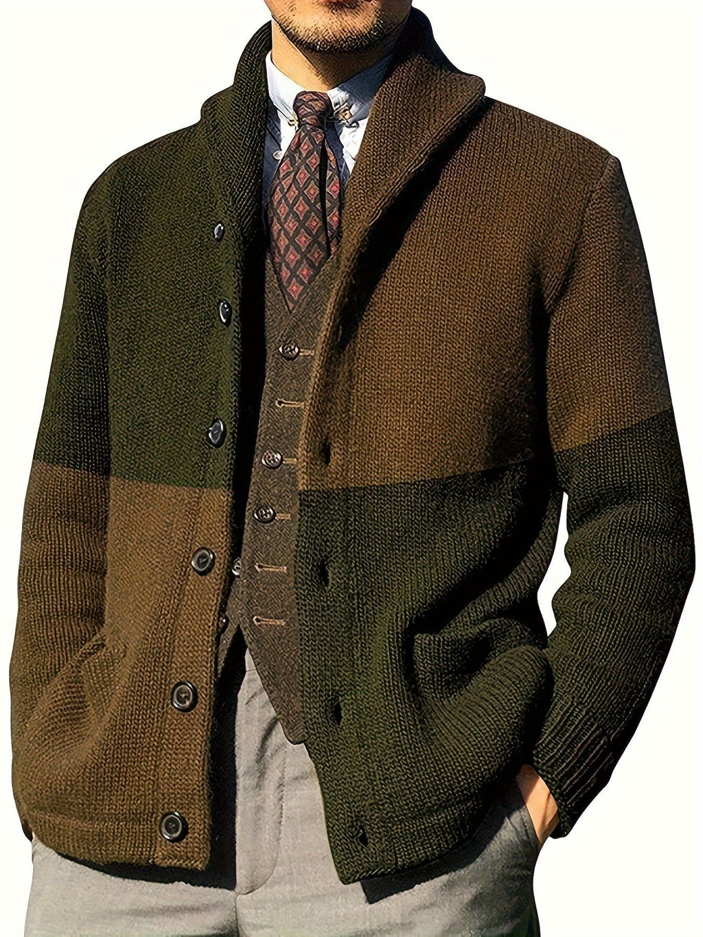 Casual Patchwork Knit Cardigan for Men - Acrylic Blend Long Sleeve Crew Neck Sweater with Button Details, Loose Fit, Medium Stretch Fabric for Spring, Fall, & Winter - Outdoor & Night Out Top - La Tienda Bella
