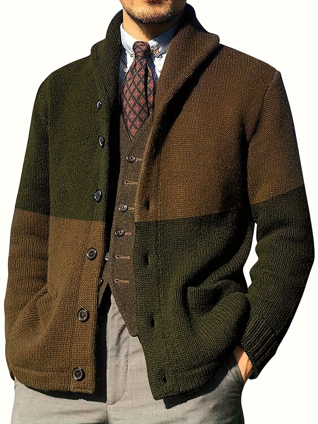 Casual Patchwork Knit Cardigan for Men - Acrylic Blend Long Sleeve Crew Neck Sweater with Button Details, Loose Fit, Medium Stretch Fabric for Spring, Fall, & Winter - Outdoor & Night Out Top - La Tienda Bella