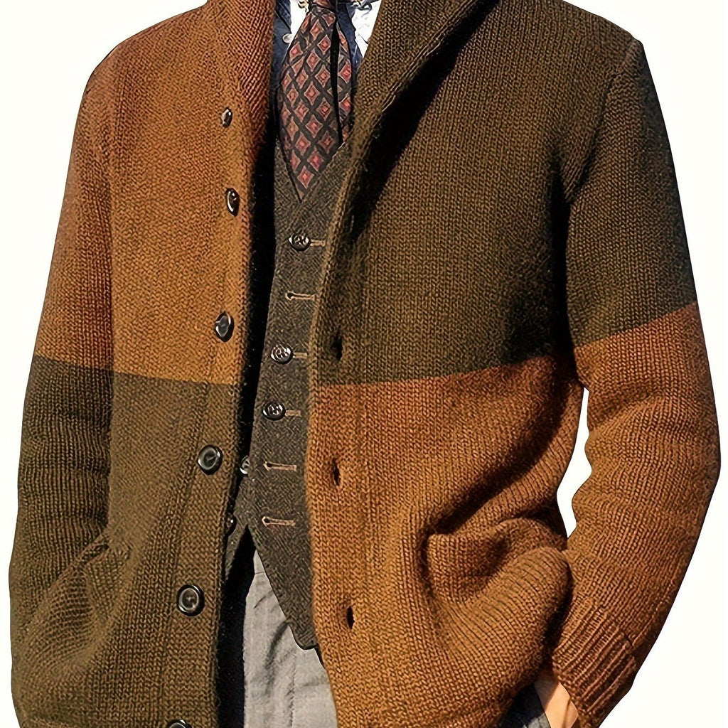 Casual Patchwork Knit Cardigan for Men - Acrylic Blend Long Sleeve Crew Neck Sweater with Button Details, Loose Fit, Medium Stretch Fabric for Spring, Fall, & Winter - Outdoor & Night Out Top - La Tienda Bella